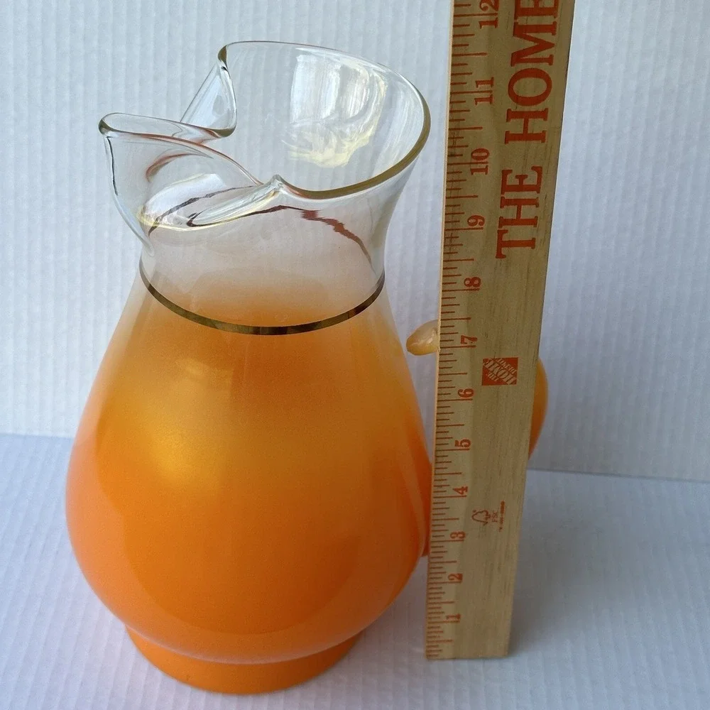 Vintage 1950s BLENDO Pitcher‎ 11 Inch Orange Frosted Glass Gold Trim Ice Lip